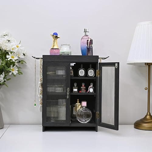 Ikee Design Wooden Countertop Storage Cabinet with Wavy Magnetic Door, Adjustable Shelves, Removable Hooks. Perfect for Perfume, Figurines, and Coffee Cups, Black Color, 10.4 W x 6.1 D x 14.4 H in thumbnail 8