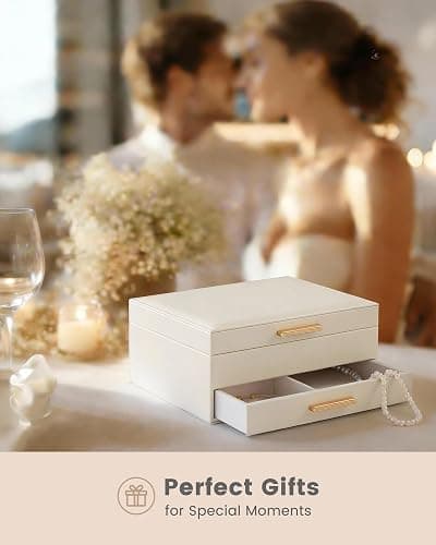Lolalet 2-Layer Jewelry Box Organizer for Women Girls, Jewelry Storage Case Holder with Drawers for Necklaces Ring Earrings Bracelet Watch, Gifts for Galentines Valentines Girlfriend Wife -Beige thumbnail 3