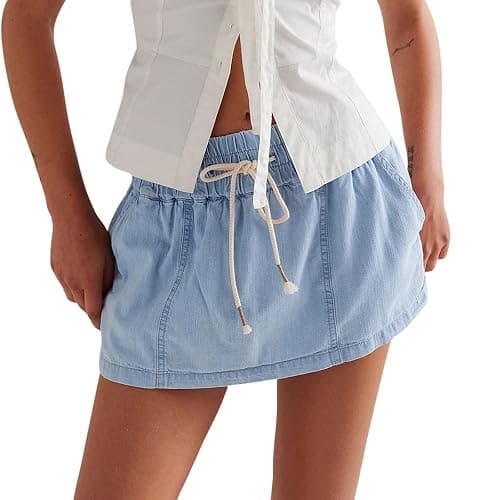 utcoco Womens 2025 Summer Denim Skirts Shorts Y2K Drawstring Elastic Low Wasit Jean Shorts with Pockets - Medium - Light Blue - Image 1