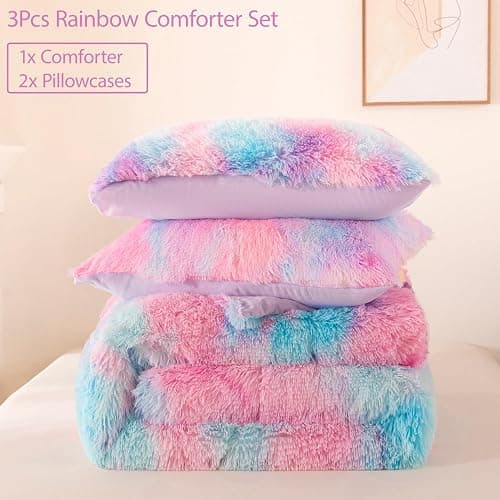 BYHOFMLY Pink Purple Fluffy Bedding Set Twin Size 3 Pieces Faux Fur Furry Comforter Set for Girls Tie Dye Rainbow Warm Fuzzy Kids Bed Comforter (Pink Purple, Twin) thumbnail 4