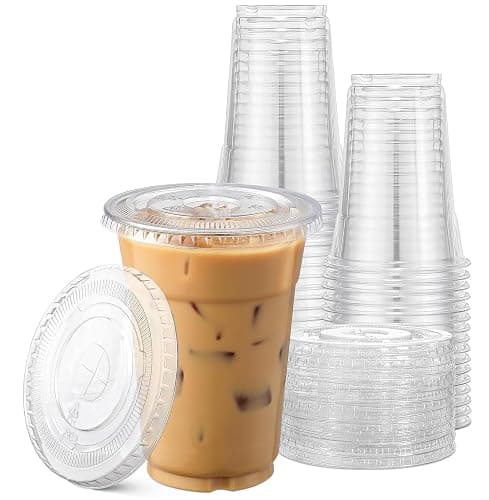 TashiBox Plastic Cups with Flat Lids 100 Sets 16 oz, Clear Crystal drink cups with lids - Image 1
