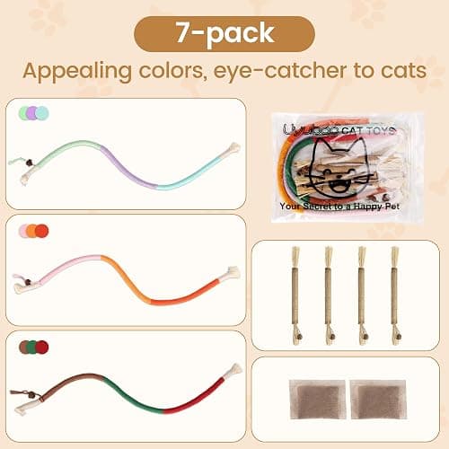 Uyubao Cat Toys, 7Pcs Cat Chew Ropes & Silvervine Sticks for Cats with Natural Catnip & Silvervine, Safe Teeth Cleaning Catnip Toys for Indoor Kittens, Interactive Chew Toys for Indoor Cats thumbnail 9