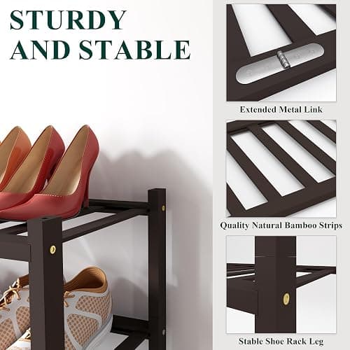 Smiry Bamboo Shoe Rack for Closet, 3 Tier Wooden Stackable Shoe Organizer, Free Standing Shoes Storage Shelf for Entryway, Front Door Entrance, Brown thumbnail 3