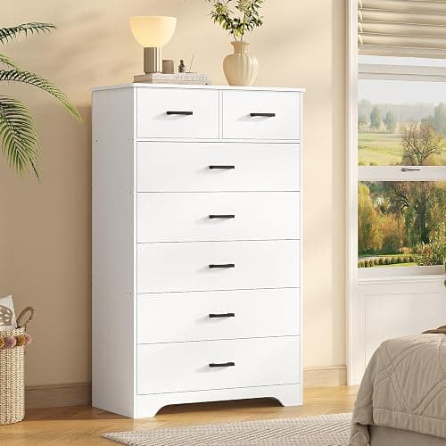 DICTAC White Dresser for Bedroom with 7 Drawers, 55.7" Tall Dressers Chest of Drawers, Modern Large Wood Storage Dresser Organizer with Metal Handle, Vertical Dressers for Bedroom Living Room Nursery - Image 1
