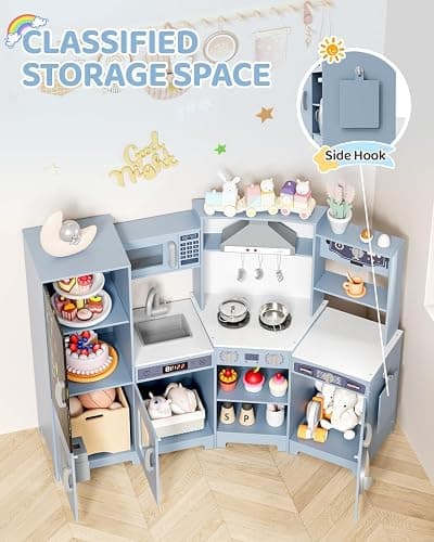 MAMIZO Wooden Corner Play Kitchen, Extra-Large Interactive Kids Kitchen Playset w/Lights & Sounds, Blackboard, Washing Machine, Ice Maker & 7 Accessories, Ultimate Pretend Toy Kitchens for Toddler thumbnail 6