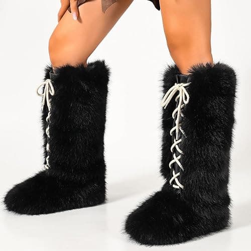 Women's Knee-High Faux Fur Boots, Fluffy Lace-Up Boots, Flat Shoes, Black | Warm Flat Heel Winter Plush Fuzzy Curly Y2k Round Toe Suede Comfy Lace Up thumbnail 5