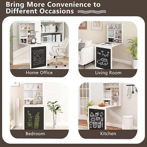 Tangkula Foldable Wall-Mounted Desk, Floating Desk with Chalkboard, Storage Shelves & Hooks, Space-Saving Murphy Table for Home Office, Bedroom, Dorm Room, Small Spaces thumbnail 9