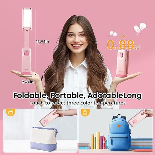 VAVOFO Cute Desk Lamp, Foldable & Portable LED Lamp with 6000mAh Rechargeable Battery, 3 Color Modes, USB-C Cordless Study Lamp for Bedroom, Office, Kids Room (Pink) thumbnail 3