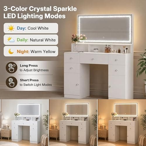 ZIMASYA 45" Large Makeup Vanitys with Mirror & Lights,Big Vanity Desk with 2 Side Shelves & Adjustable Brightness 3 Color Crystal Sparkle LED,Charging Station,26 Storage Areas for Girls Women White thumbnail 5