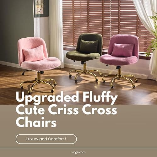 VINGLI Wide Criss Cross Legged Office Chair,Buttprint Ergonomic Desk Chair Comfy with Pillow&Gold Base,Dual-Use with/no Wheels,Adjustable Vanity Swivel Chair for Bedroom,Home Office,Teddy Fleece,Green thumbnail 6