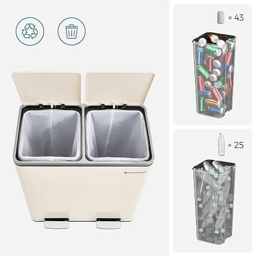 SONGMICS Trash Can, 2 x 8 Gallon (2 x 30 L) Garbage Can for Kitchen, with 15 Trash Bags, 2 Compartments, Plastic Inner Buckets and Hinged Lids, Airtight, Almond Color ULTB201A01 - Almond Color - 2 x 8 Gallon thumbnail 7