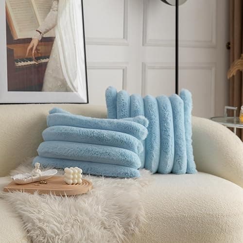 Neelvin Blue Faux Fur Cozy Soft Striped Decorative Throw Pillow Covers 18x18 inch Set of 2,Velvet Pillowcase Cushion Case for Sofa Couch thumbnail 2