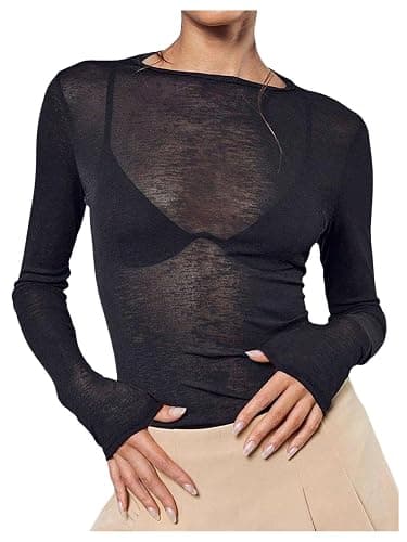 RoseSeek Women's Sheer Mesh Long Sleeve T Shirts Going Out Tops - Image 1
