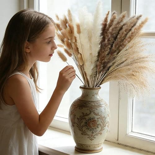 LIUYIDM 100 Stück Pampasgras Deko Trockenblumenstrauß Pampasgras | Groß Trockenblumen Deko Pampas Gras Naturmateria Trockenblumen Strauß Trocken Blumen für Wohnzimmer Schlafzimmer Boho-Partys thumbnail 6