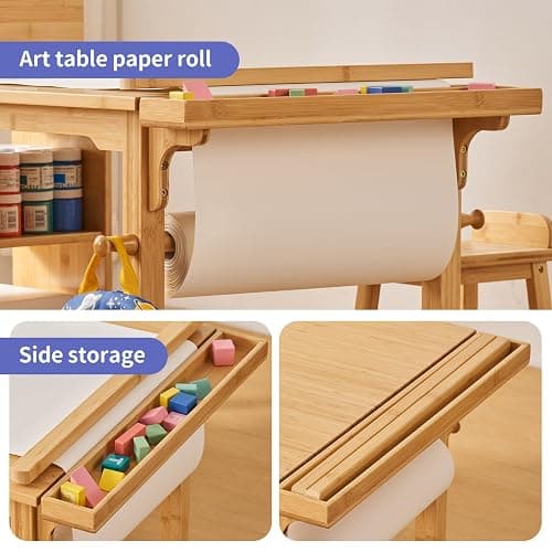 UNICOO Kids Art Table and Chair Set with Paper Roll Holder, Toddler Craft Table with Storage Shelves, Side Supply Tray, Removable Organizer Caddy and 2 Stools, Drawing Activity Desk for Ages 2-12 thumbnail 6