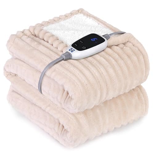 SEALY Electric Blanket Heated Throw, Soft Cozy Ribbed Flannel to Sherpa Reversible Safe Heating with 6 Heat Settings & 2-10 Hours Auto-Off Over-Heat Protection, Machine Washable, 50"x60" Beige - Image 1