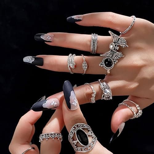 17IF 26-35 Pcs Vintage Silver Knuckle Rings Set for Women Men, Grunge Gothic Rings Chunky Aesthetic Snake Stackable Adjustable Punk Bulky Finger Alt Fairy Skull Frog Heart Star Flower Midi Ring Pack thumbnail 6
