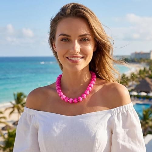 Zhuozatrfa Colorful Beaded Necklace for Women Unique Resin Beads Choker Necklaces Boho Statement Chunky Necklace Summer Vacation Jewelry thumbnail 2