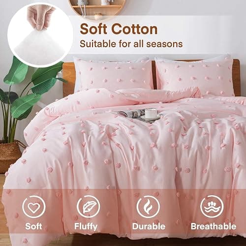 Paxrac Tufted Pink Full Comforter Set (80x90 inches), 3 Pieces- Soft Cotton Blush Lightweight Comforter with 2 Pillowcases, Chenille Dots All Season Down Alternative Comforter Set for Bedding - Pink - Full(80''x90'') thumbnail 4