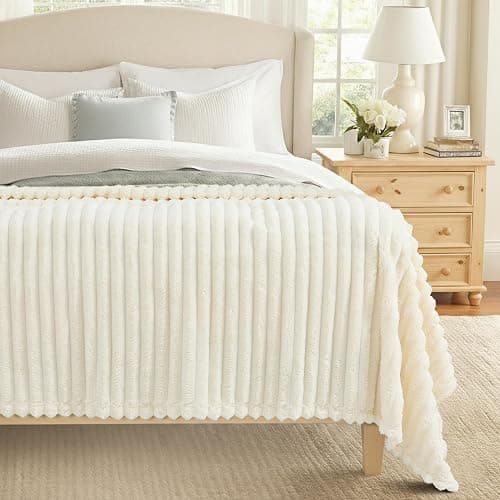 decorUhome Christmas Soft Fleece Cream White Blanket Queen Size for Bed, Cozy Fluffy Plush Flannel Large Striped Throws for Couch Sofa, Lightweight Decorative Fuzzy Blanket for Woman, 90x90 Inches - Image 1