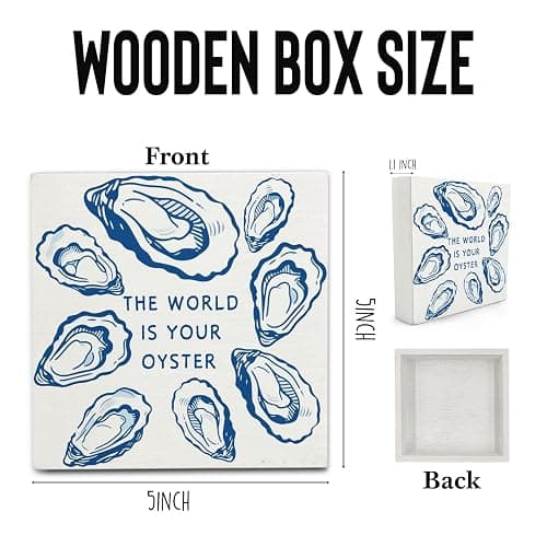 OVAcational Coastal Beach Oyster Wooden Box Sign Desk Decor, Ocean Room Decor, Nautical Oyster Shell Wood Block Sign for Beach House Bedroom Desk Table Shelf Wall Decorations, 5x5 Inch thumbnail 3