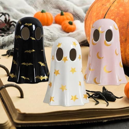DAZONGE Set of 3 Halloween Ceramic Ghost Halloween Decorations Indoor | Ceramic Ghost Figurines with Witch Hats for Indoor Halloween Decor. Cute Spooky Ghost Decor for Mantel, Shelf or Tabletop thumbnail 7