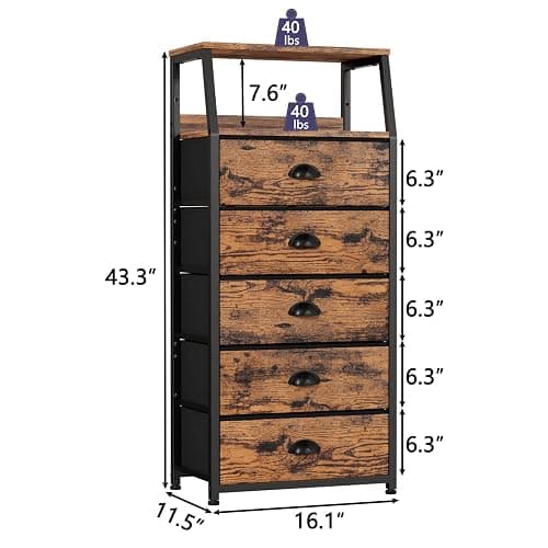 Furnulem Tall 5 Drawers Dresser, Vertical Storage Tower Fabric Dresser for Bedroom, Hallway, Entryway, Nursery, Closet Organizer, Nightstand Bedside Table Furniture, Sturdy Steel Frame, Wood Top thumbnail 3