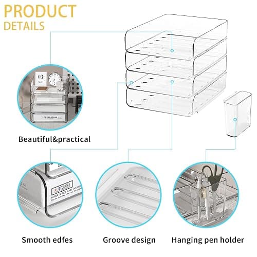 FANXIYQ 4-Tier Acrylic Paper Tray Organizer with Pen Holder | Clear Stackable Desk Organizer for Documents, Letters, A4 Paper | Modern Office/Classroom/Home Organization thumbnail 5