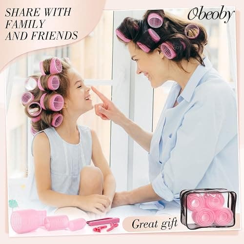 obeoby 4 Sizes Self-Grip Hair Rollers Curlers Set for Women, Pink | No-heat Set with Clips Comb (25, 36, 48, 60mm) Plastic Jumbo Large Small for Long Short Curly Bangs Styling Accessories Gifts thumbnail 7