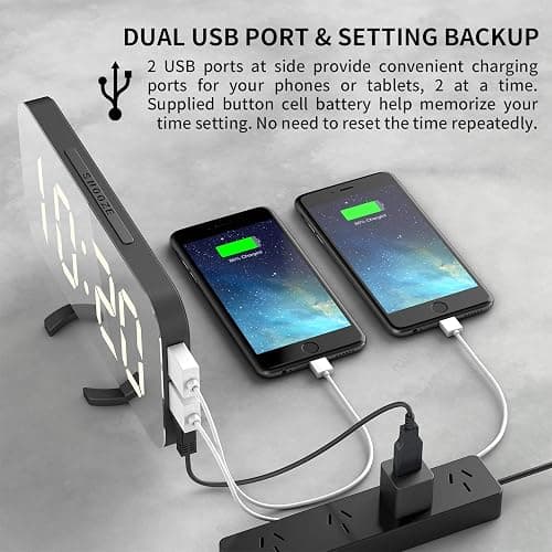 EXTSUD Sveglia Digitale con Display a Specchio Orologio Sveglia Elettronica con Luce Notturna Grande LED Schermo 12/24H Funzione Pisolino 2 Porte USB per Ricarica Smartphone thumbnail 10