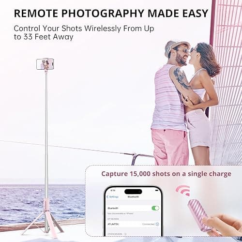ATUMTEK 1.4m Selfie Stick Tripod, All-in-one Extendable Aluminum Phone Tripod with Rechargeable Bluetooth Remote for iPhone, Samsung, Google, LG, Sony and More, Fitting 4.7-7 inch Smartphones, Pink thumbnail 3