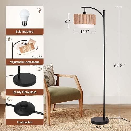 SUNMORY Floor Lamps for Living Room with 12W LED Bulb, Arc Floor Lamp with 3 Color Temperatures, Farmhouse Floor Lamps with Adjustable Rattan & Fabric Shades, Boho Standing Lamp for Bedroom, Corner thumbnail 3