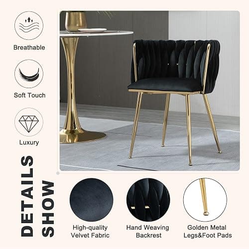 NIOIIKIT Modern Velvet Dining Chairs Hand Weaving Accent Chairs Living Room Chairs Upholstered Side Chair with Golden Metal Legs for Dining Room Kitchen Vanity Living Room (Black) thumbnail 3