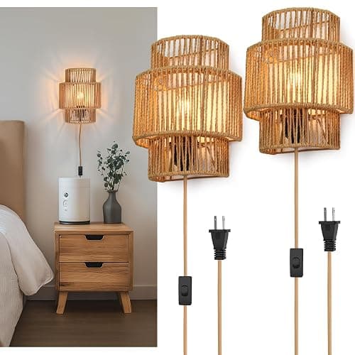 AKEETO Plug-in Wall Sconces Set of 2, Handwoven Bohemian Wall Decor with Switch, Wall Lights Fixtures for Bedroom Living Room Hallway Porch - Image 1