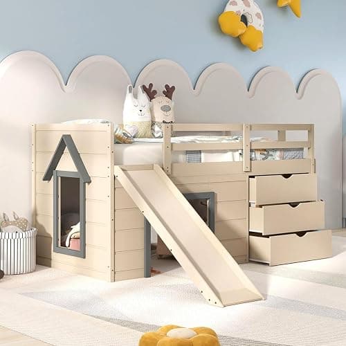 KOMFOTT Twin Low Loft Bed with 3 Storage Drawers & Underneath House, Wood Loft Bed with Slide, Ladder, Guardrails & Under-Bed Play Space, Kids Twin Loft Bed for Girls & Boys, No Box Spring Needed - Image 1