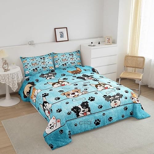 Manfei Cute Dog Comforter Set for Kids Room Decor Cartoon Puppy Pet Animals Bedding Comforter Twin Size Black Paw Print Blue Soft Polyester Quilt Set with 1 Pillowcase thumbnail 2