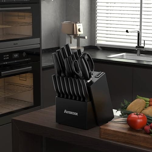 Knife Set, Astercook 21 Pieces Knife Sets for Kitchen with Block, Dishwasher Safe Kitchen Knife Set with Built-in Sharpener, German Stainless Steel Black Knife Block Set Mothers Day Gifts thumbnail 2