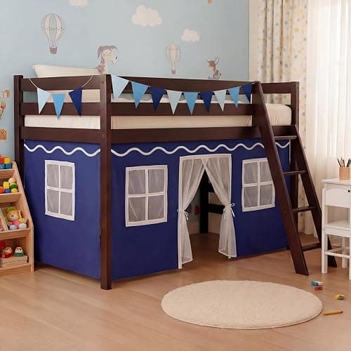 Breling 3 Panel Bunk Bed Curtains for Bottom Loft Bed Tent Set with Felt Flag Double-Layer Twin Bunk Curtains Playhouse Accessories for Boy Girl Bedroom(Blue and White,Classic) thumbnail 4