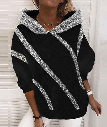 xxxiticat Women's Shiny Sequin Hooded Sweatshirt Long Sleeve Casual Bling Sparkly Striped Color Block Pullover Hoodies thumbnail 2