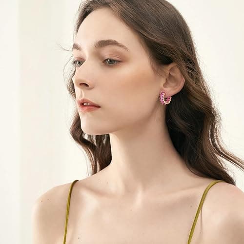 Mesovor Gold Cubic Zirconia Hoop Earrings for Women Trendy, 18K Gold Plated Huggie Hoops Earrings | Green Black Red Stones Earrings Jewelry Gifts thumbnail 5