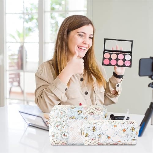URSKYTOUS 2Pcs Cotton Quilted Makeup Bag for Women Girls Coquette Small Floral Cosmetic Bags Cute Zipper Pencil Pouch Aesthetic Makeup Pouch Trendy Cloth Bee&Flower Travel Toiletry Skincare Bag thumbnail 2