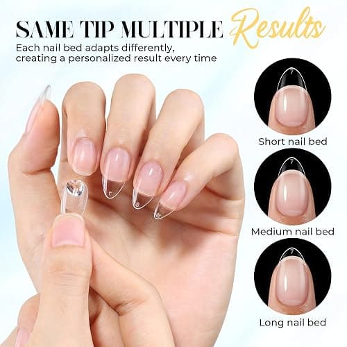 UNA GELLA Short Almond Gel Nail Tips Kit 120Pcs Pre-Etched Clear Fake Nails with 15g Solid Gel Glue Mini U V Lamp Nail Files Full Cover Press on Acrylic Nail Extensions DIY Home Kit for Women 12 Sizes thumbnail 7