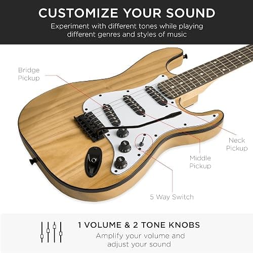 Best Choice Products 39in Full Size Beginner Electric Guitar Starter Kit w/Case, Strap, 10W Amp, Strings, Pick, Tremolo Bar - Natural - Natural thumbnail 5