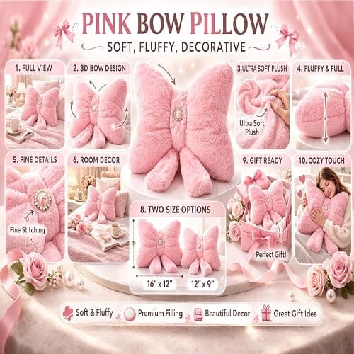 Pink Bow Pillow 12x9 Inch, Cute Plush Accent Pillow, Coquette Room Decor | 3D Bow Design; Soft Plush Material Decorative Accent Pillow; Back Strap with Snap Closure Coquette Room Decor for Teen Girls thumbnail 7