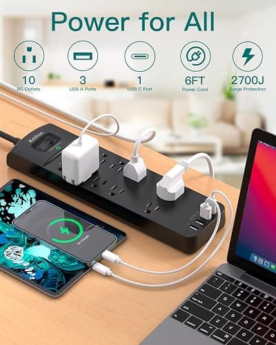 Power Strip - Addtam Surge Protector with 10 Outlets and 4 USB Ports, 6 Feet Extension Cord with Flat Plug, 2700 Joules, ETL Listed, Black thumbnail 2