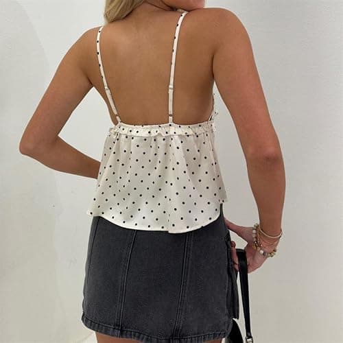 Women Y2k Polka Dot Tank Top Coquette Satin Silk Lace Trim V Neck Spaghetti Strap Camisole Going Out Top thumbnail 3