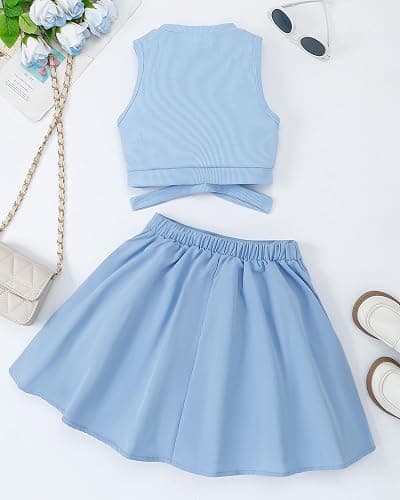 YOURUIKEY Cute Clothes for Girls Crisscross Crop Tank Top Pleated Skirt Tween Girl Trendy Summer Outfit Kid Clothing Set 7-14 - A-blue - 7-8Y thumbnail 3