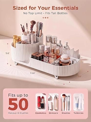 Booklov Rotating Makeup Organizer for Vanity Countertop, White | Plastic Cosmetic Display Case, Large Beauty Brush Holder for Bathroom Counter, Skin Care Perfumes Storage thumbnail 2