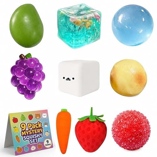 9 Pack Squishy Squeeze Toys Set, Mystery Food & Fruit Squishies (Strawberry, Carrot, Grape & More), Soft Sensory Stress Relief Toys for Kids & Adults, Birthday Party Favors (Color A) - Image 1