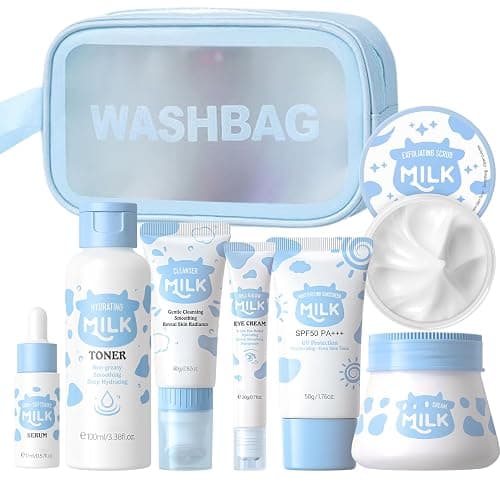 Milk Skincare Set Girls Gifts - 8Pcs Milk Skin Care Sets & Kits for Teens - Skin Care Kit for Women Kids Teenage Girls with Cleanser, Toner, Eye Cream, Serum, Sunscreen, Face Cream, Scrub, Bag - Image 1